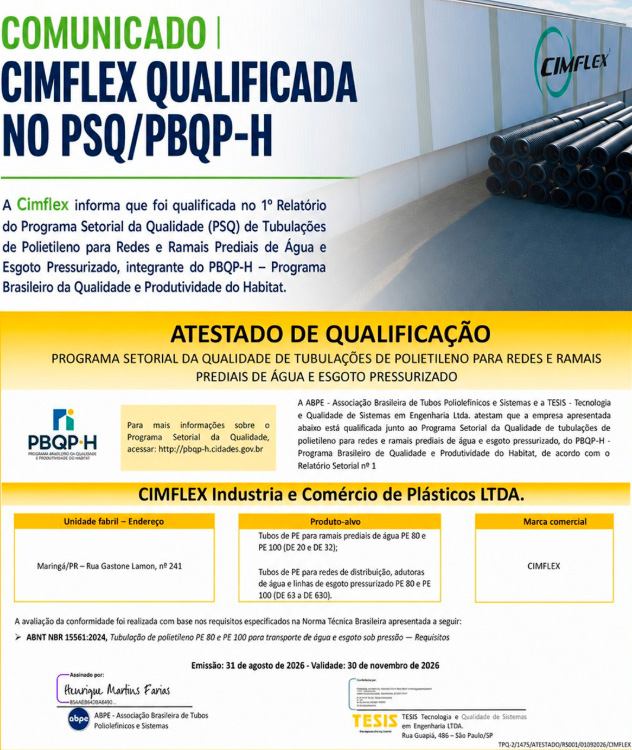 Cimflex conquista qualificação no PBQP-H!