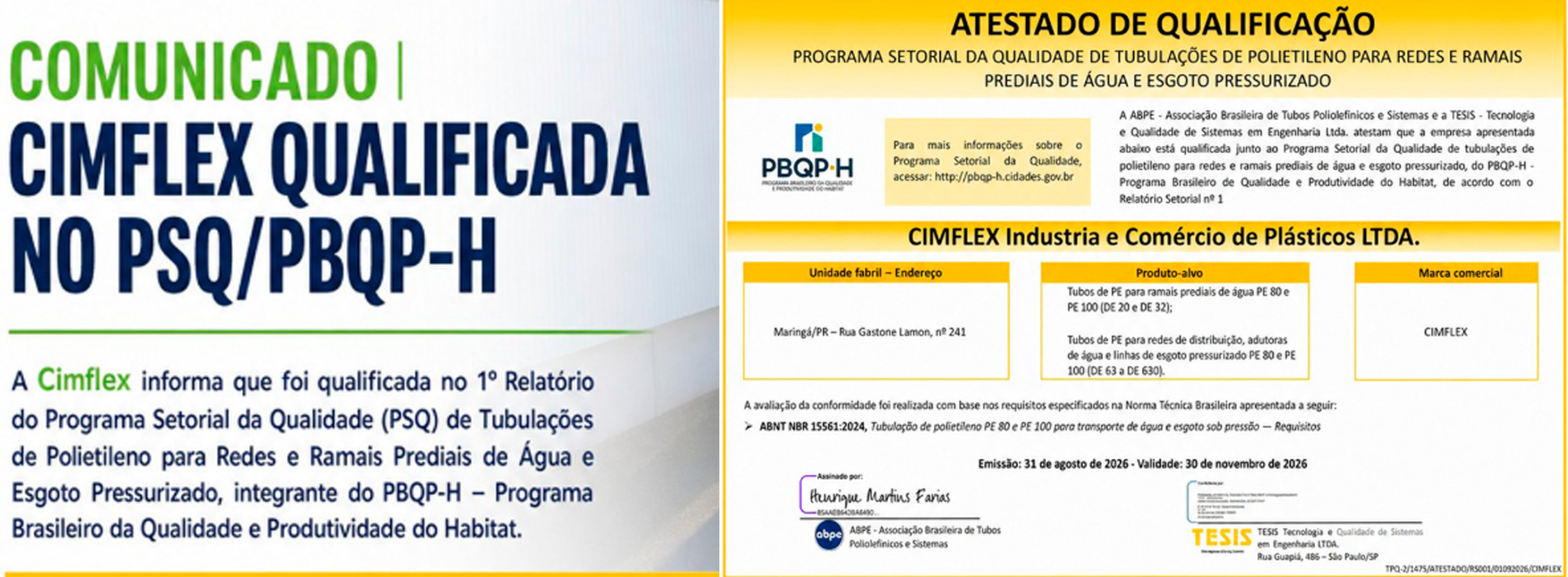 Cimflex conquista qualificação no PBQP-H!